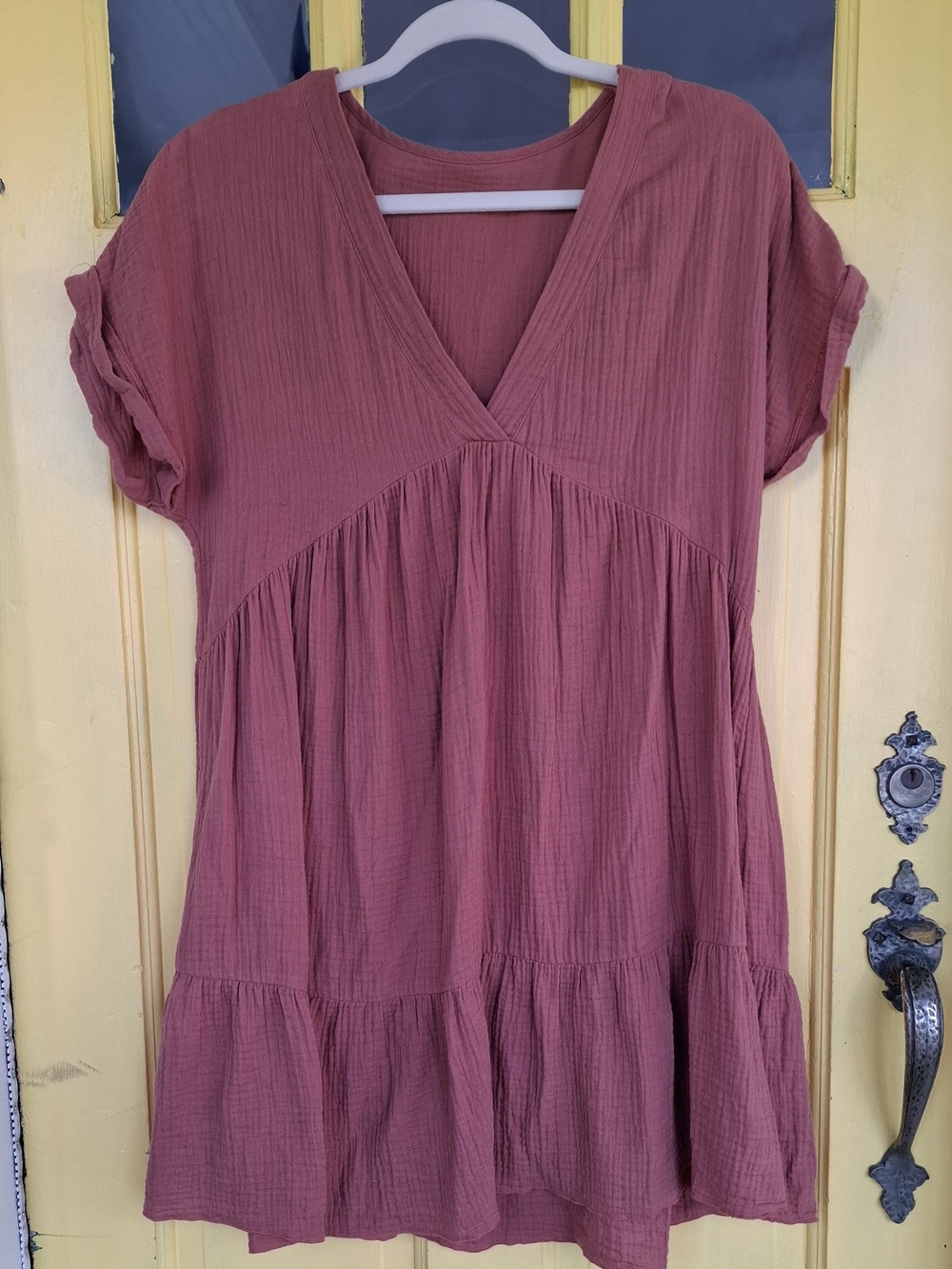 Women’s Brown V-Neck Textured Peasant Mini Dress